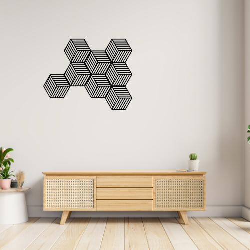 Optical Illusion Cube Wall Art – Modern Wall Art Decor – Geometric Polygon Design | Black Wooden Sheet | Modern 3D Decor