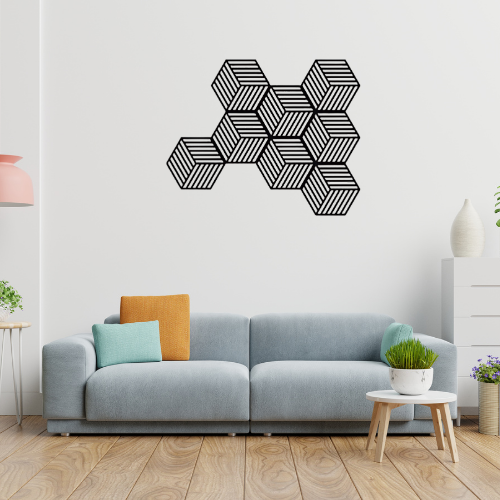 Optical Illusion Cube Wall Art – Modern Wall Art Decor – Geometric Polygon Design | Black Wooden Sheet | Modern 3D Decor