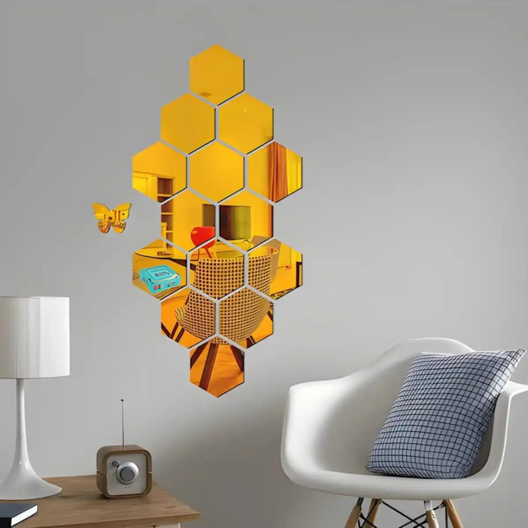 Hexagon wall decor Acrylic Mirrors 3D wall mirrors Sticker || Pack of 6 Hexagon