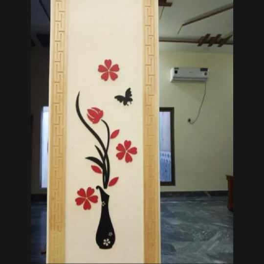 Modern Floral Vase Wall Art with Red Flowers & Butterfly – Modern Wall Art Decor – Black Wooden Sheet – Wall Hanging Decoration