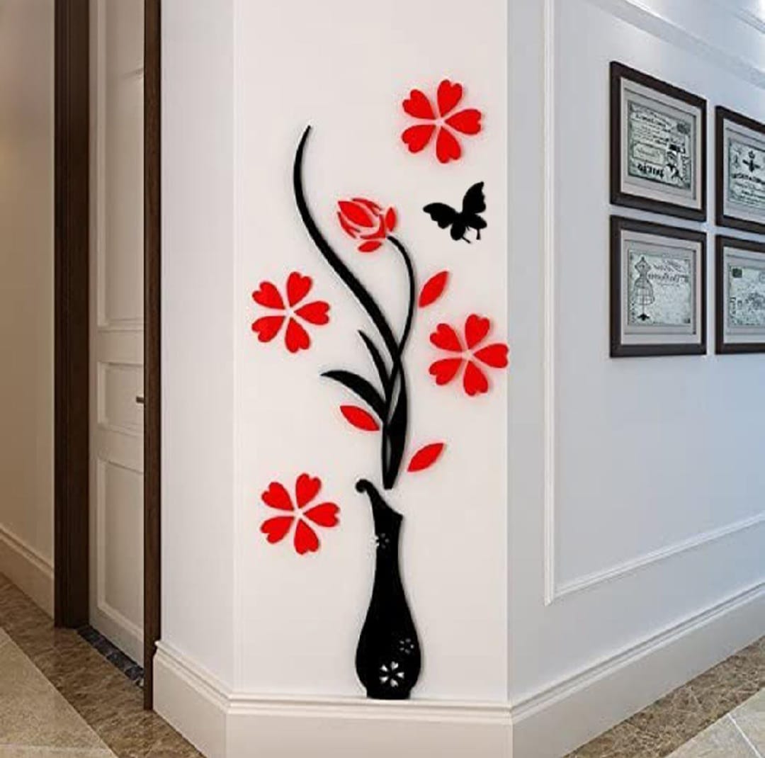 Modern Floral Vase Wall Art with Red Flowers & Butterfly – Modern Wall Art Decor – Black Wooden Sheet – Wall Hanging Decoration
