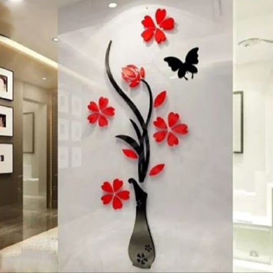 Modern Floral Vase Wall Art with Red Flowers & Butterfly – Modern Wall Art Decor – Black Wooden Sheet – Wall Hanging Decoration